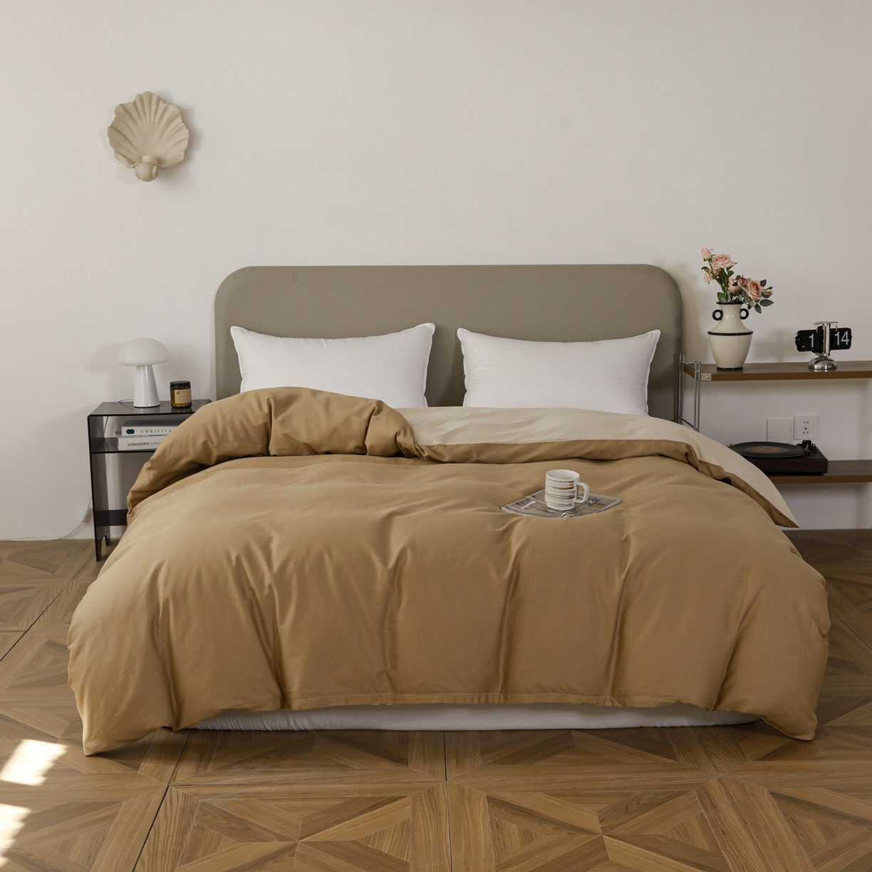 盛馨家纺 2026新款40长绒棉ins美拉德色系纯色双拼全棉单品被套 桃木心+白茶