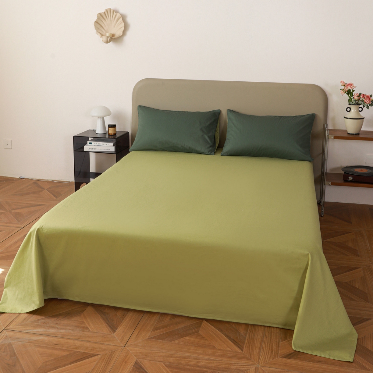 91家纺网 家纺一手货源 找家纺 盛馨家纺 2026新款40长绒棉ins美拉德色系纯色双拼全棉单品被套 松绿+豆绿