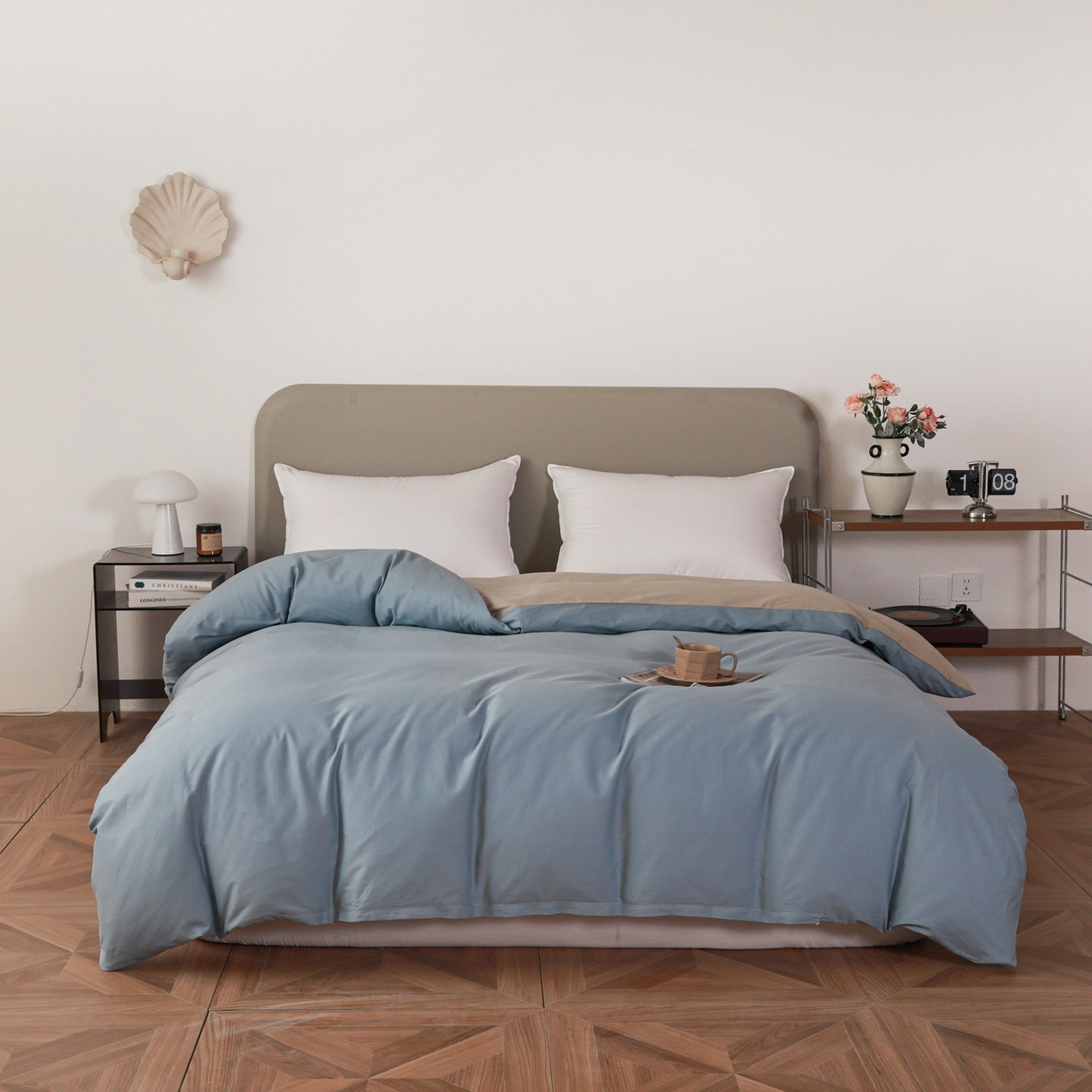 盛馨家纺 2026新款40长绒棉ins美拉德色系纯色双拼全棉单品被套 晴蓝+奶茶