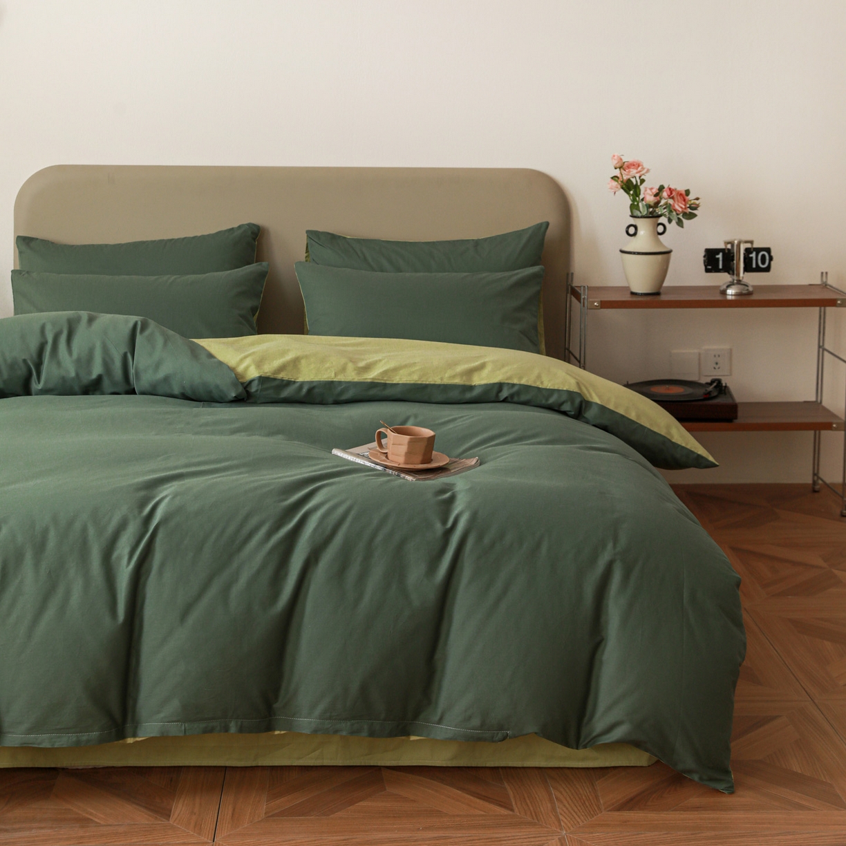 91家纺网 家纺一手货源 找家纺 盛馨家纺 2026新款40长绒棉ins美拉德色系纯色双拼全棉单品被套 松绿+豆绿