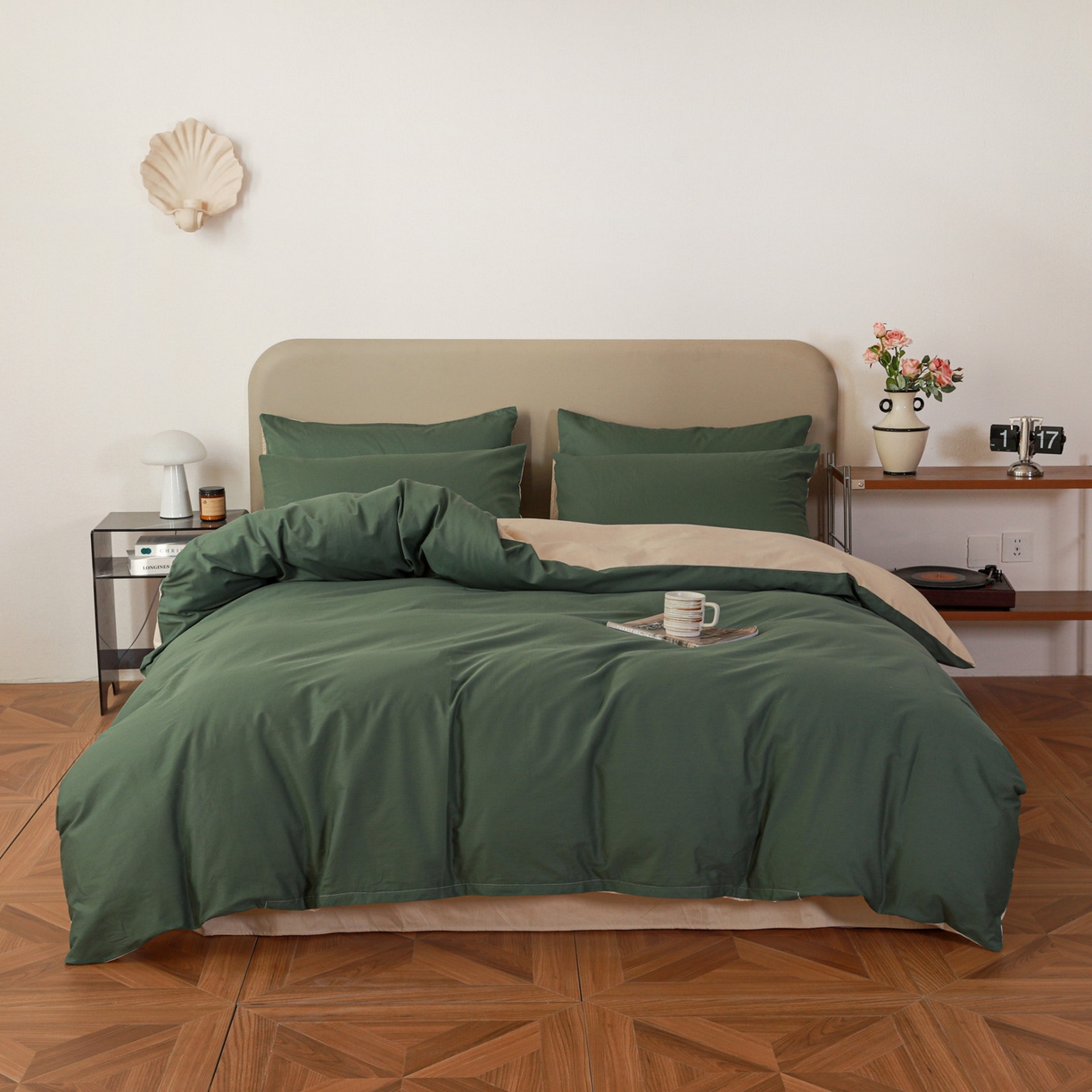 91家纺网 家纺一手货源 找家纺 盛馨家纺 2026新款40长绒棉ins美拉德色系纯色双拼全棉单品被套 松绿+杏仁色