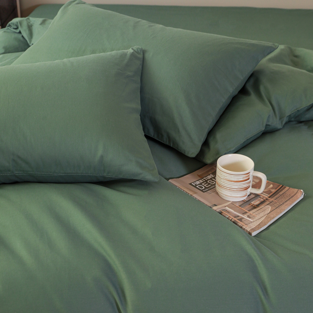 91家纺网 家纺一手货源 找家纺 盛馨家纺 2026新款40长绒棉ins美拉德色系纯色双拼全棉单品被套 松绿