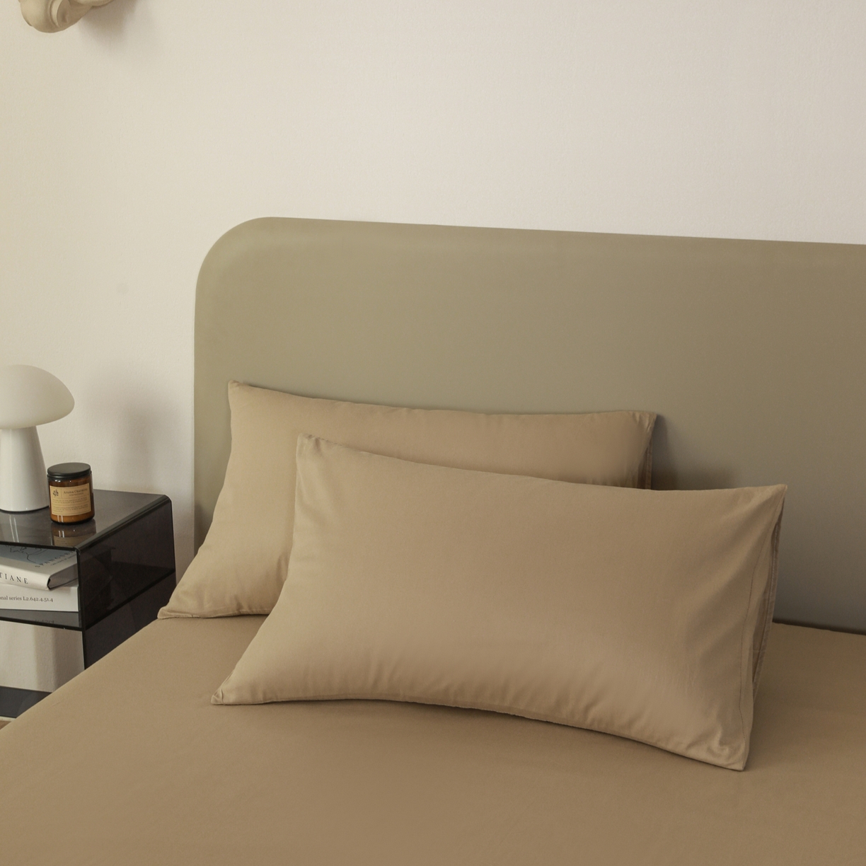 盛馨家纺 2026新款40长绒棉ins美拉德色系纯色双拼全棉单品枕套 白茶