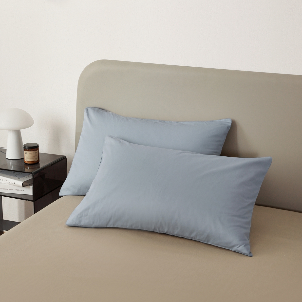 盛馨家纺 2026新款40长绒棉ins美拉德色系纯色双拼全棉单品枕套 晴蓝+奶茶