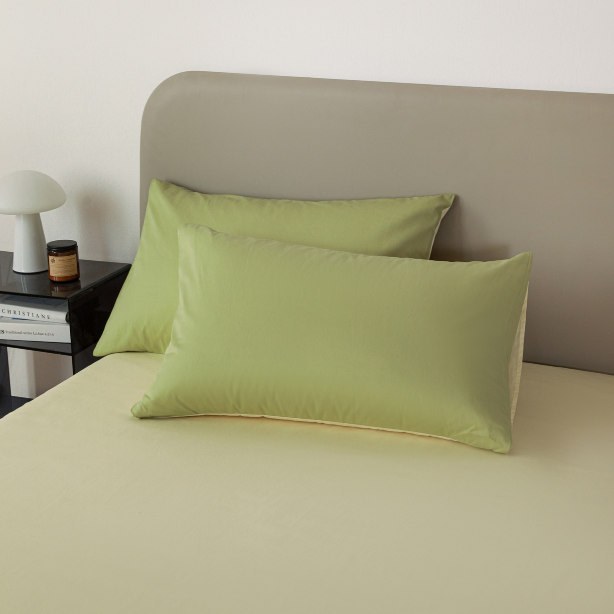盛馨家纺 2026新款40长绒棉ins美拉德色系纯色双拼全棉单品枕套 豆绿+嫩黄
