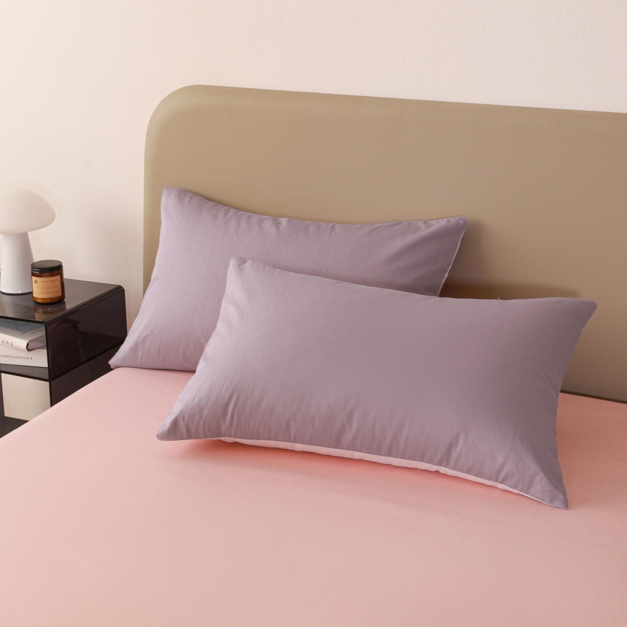 盛馨家纺 2026新款40长绒棉ins美拉德色系纯色双拼全棉单品枕套 茄花紫+桃夭