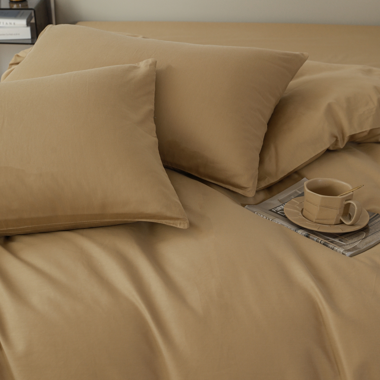 91家纺网 家纺一手货源 找家纺 盛馨家纺 2026新款40长绒棉ins美拉德色系纯色双拼全棉单品枕套 桃木心