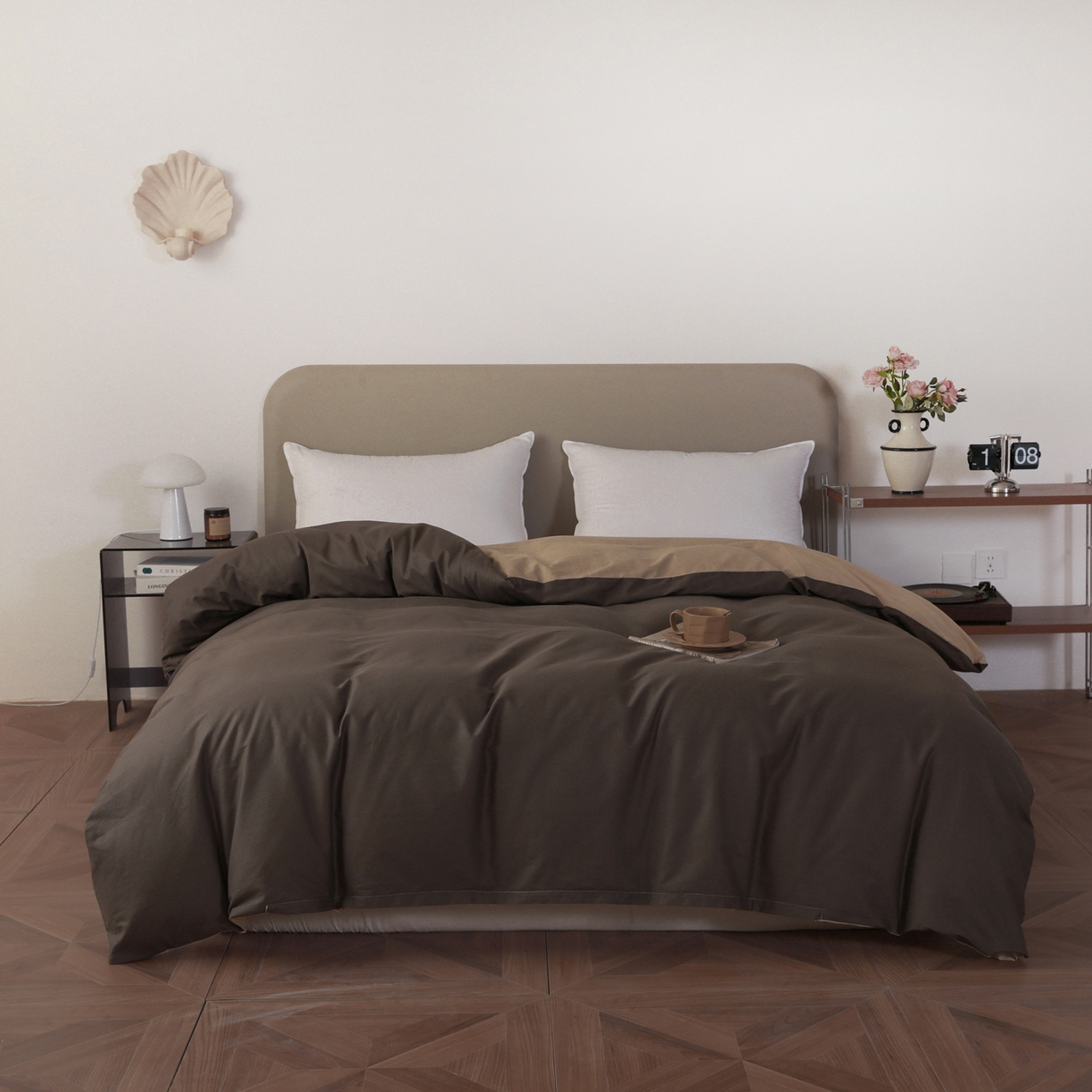 91家纺网 家纺一手货源 找家纺 盛馨家纺 2026新款40长绒棉ins美拉德色系纯色双拼全棉单品枕套 深麻灰+白茶