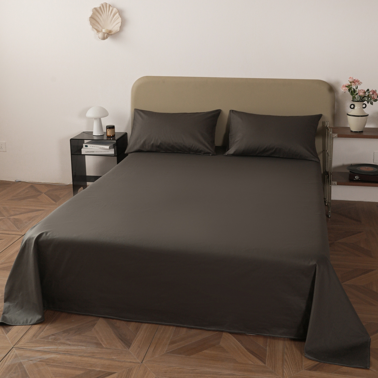 91家纺网 家纺一手货源 找家纺 盛馨家纺 2026新款40长绒棉ins美拉德色系纯色双拼全棉单品枕套 深麻灰