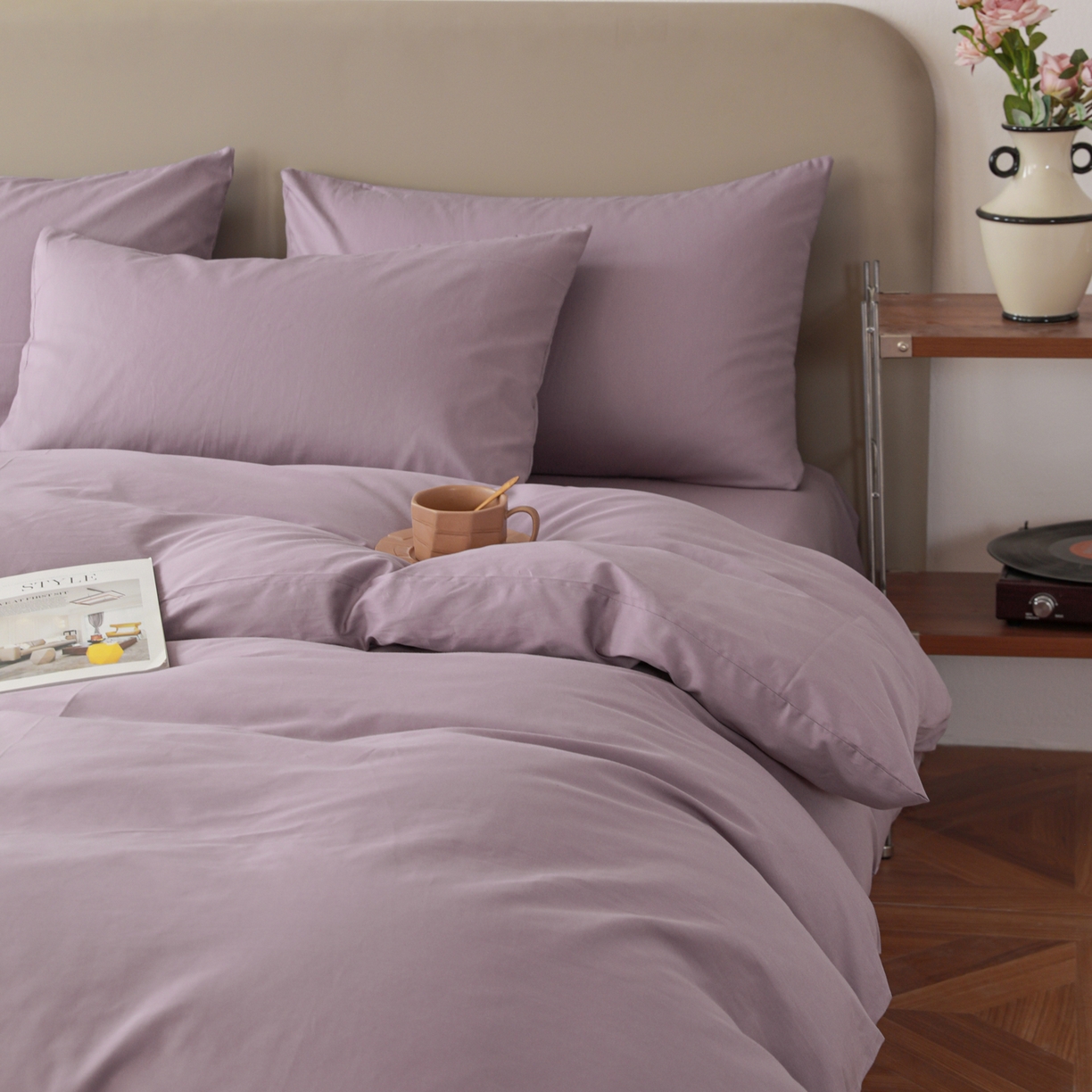 91家纺网 家纺一手货源 找家纺 盛馨家纺 2026新款40长绒棉ins美拉德色系纯色双拼全棉单品枕套 茄花紫