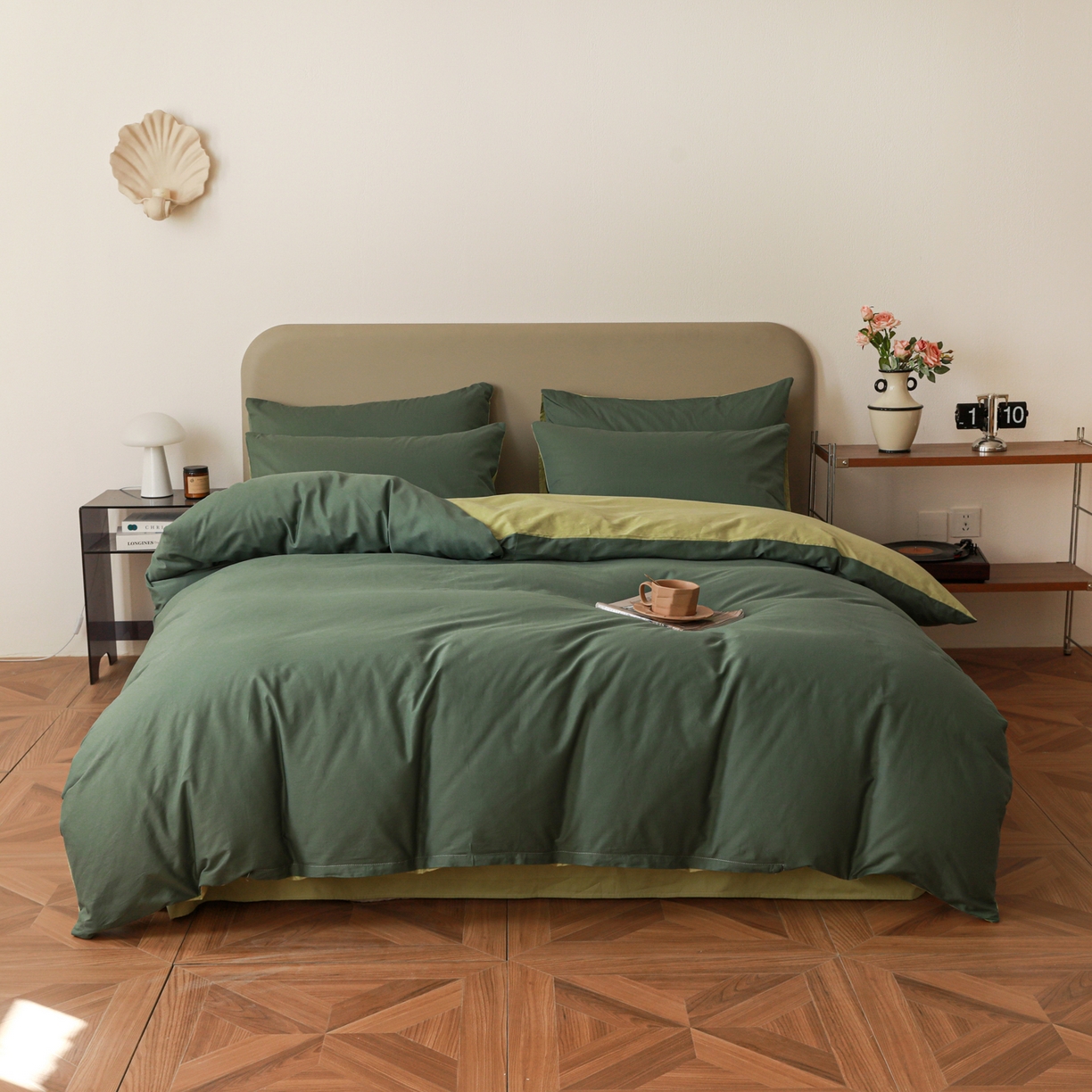 91家纺网 家纺一手货源 找家纺 盛馨家纺 2026新款40长绒棉ins美拉德色系纯色双拼全棉单品枕套 松绿+豆绿