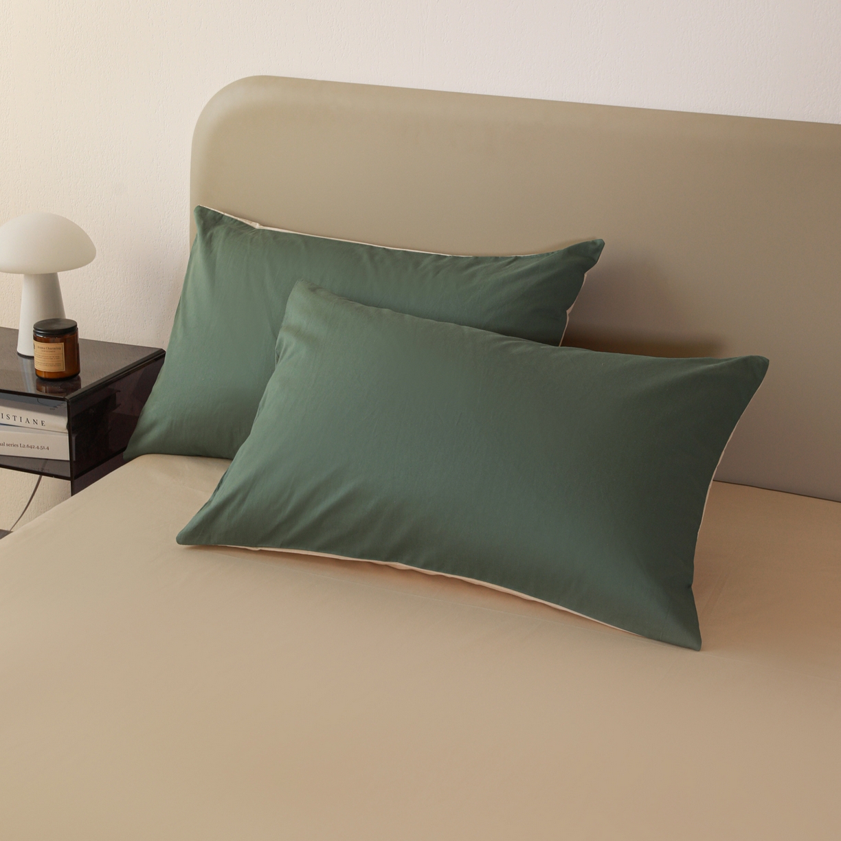 盛馨家纺 2026新款40长绒棉ins美拉德色系纯色双拼全棉单品枕套 松绿+杏仁色