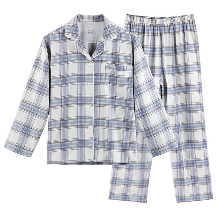 良品汇馆 2026【法兰绒家居服】法兰绒家居服良品情侣睡衣中格纹全棉睡衣绒布居家服纯棉 奶白兰格-女