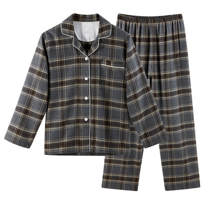 良品汇馆 2026【法兰绒家居服】法兰绒家居服良品情侣睡衣中格纹全棉睡衣绒布居家服纯棉 麻灰咖格-女