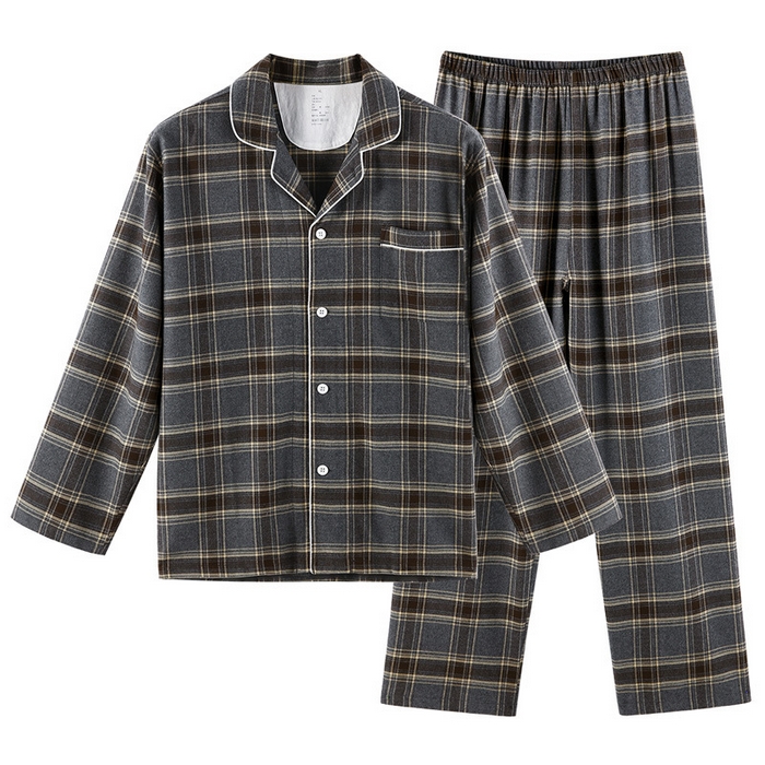 良品汇馆 2026【法兰绒家居服】法兰绒家居服良品情侣睡衣中格纹全棉睡衣绒布居家服纯棉 麻灰咖格-男