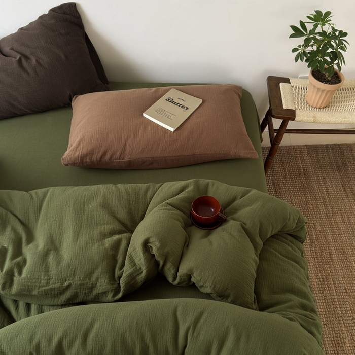 良品汇馆 2026【纯色皱皱纱四件套】四件套良品全棉柔软床品套件双层水洗做皱件套 (橄榄绿被+单)枕套巧克力棕+太妃棕混搭