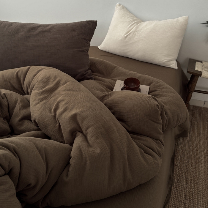 良品汇馆 2026【纯色皱皱纱四件套】四件套良品全棉柔软床品套件双层水洗做皱件套 (太妃棕被+单)枕套巧克力棕+奶白混搭