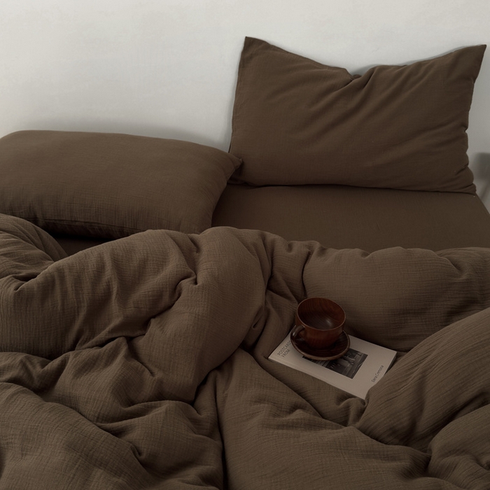 良品汇馆 2026【纯色皱皱纱四件套】四件套良品全棉柔软床品套件双层水洗做皱件套 (太妃棕被+单)枕套太妃棕一对