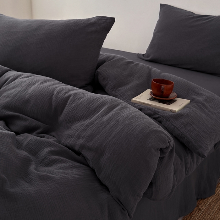 良品汇馆 2026【纯色皱皱纱四件套】四件套良品全棉柔软床品套件双层水洗做皱件套 (黑巧被+单)枕套黑巧一对