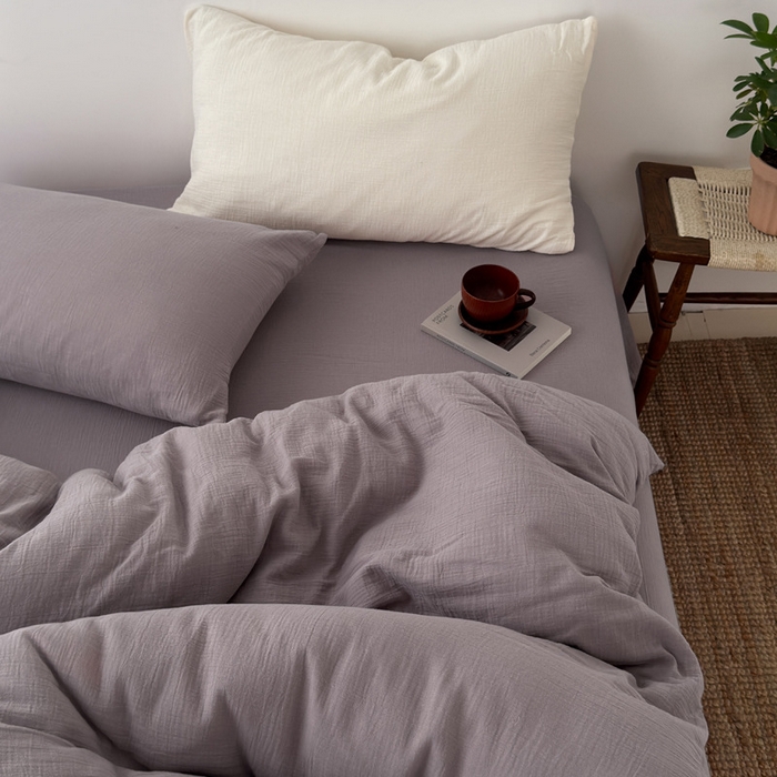 良品汇馆 2026【纯色皱皱纱四件套】四件套良品全棉柔软床品套件双层水洗做皱件套 (芋紫被+单)枕套芋紫+奶白混搭
