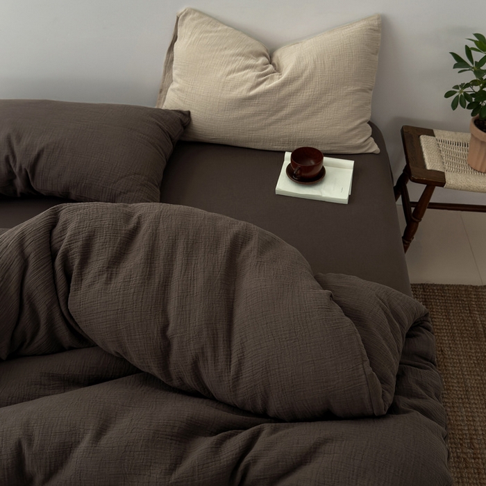 良品汇馆 2026【纯色皱皱纱四件套】四件套良品全棉柔软床品套件双层水洗做皱件套 (巧克力棕被+单)枕套燕麦+巧克力棕混搭