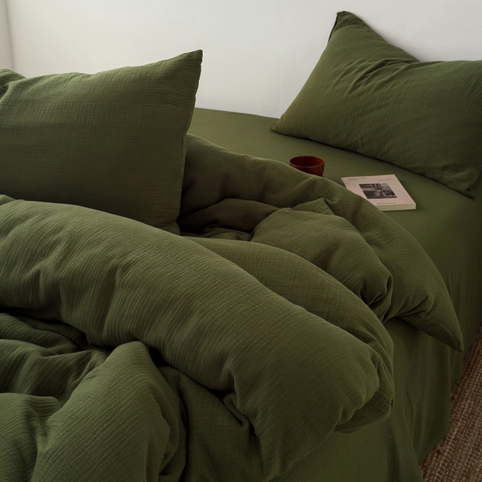 良品汇馆 2026【纯色皱皱纱四件套】四件套良品全棉柔软床品套件双层水洗做皱件套 (橄榄绿被+单)枕套橄榄绿一对