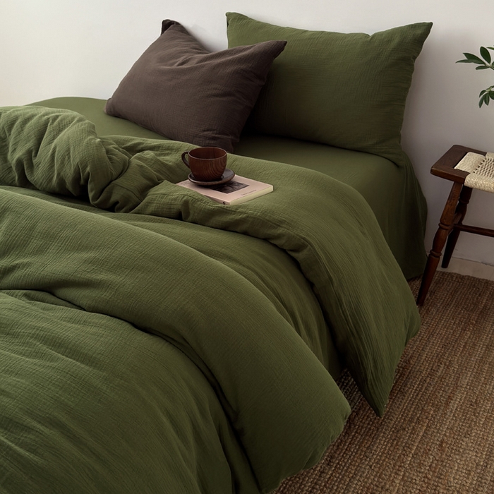 良品汇馆 2026【纯色皱皱纱四件套】四件套良品全棉柔软床品套件双层水洗做皱件套 (橄榄绿被+单)枕套橄榄绿+巧克力棕混搭