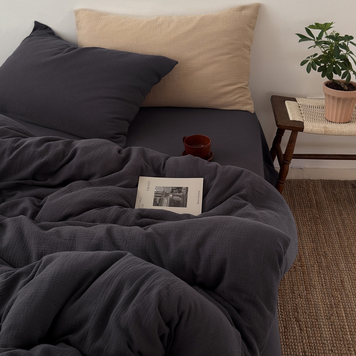 良品汇馆 2026【纯色皱皱纱四件套】四件套良品全棉柔软床品套件双层水洗做皱件套 (黑巧被+单)枕套杏仁+黑巧混搭