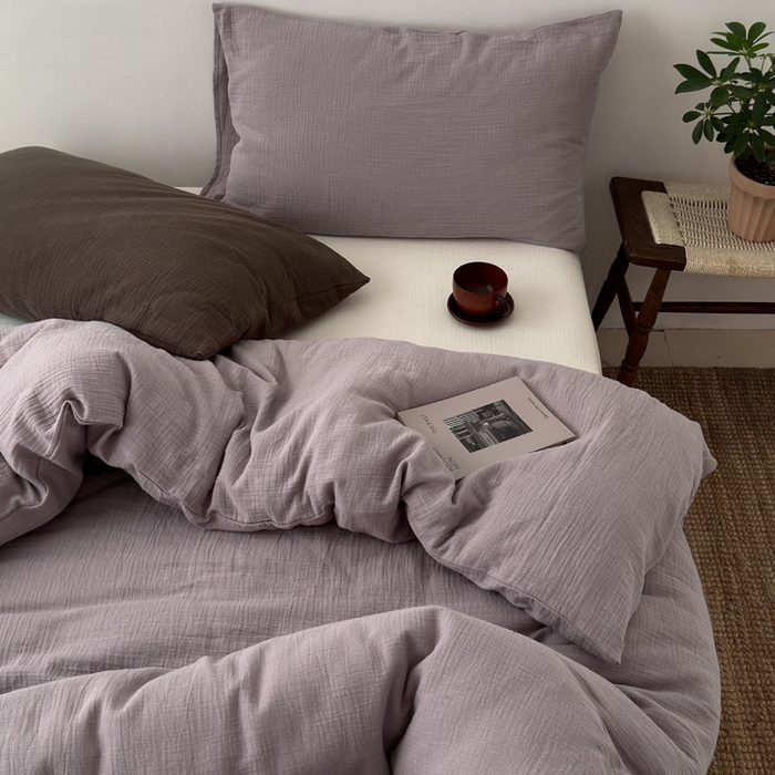 良品汇馆 2026【纯色皱皱纱四件套】四件套良品全棉柔软床品套件双层水洗做皱件套 (芋紫被+奶白单)枕套芋紫+巧克力棕混搭