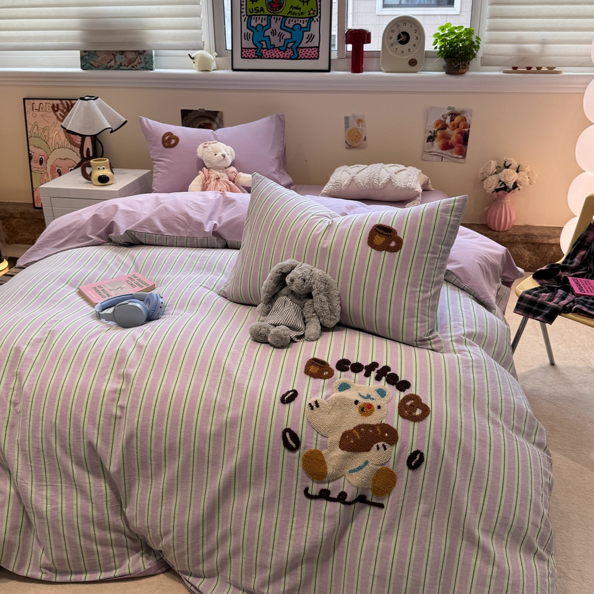 91家纺网 家纺一手货源 找家纺 珺柔家纺 2026新款水洗棉毛巾绣四件套 小熊下午茶