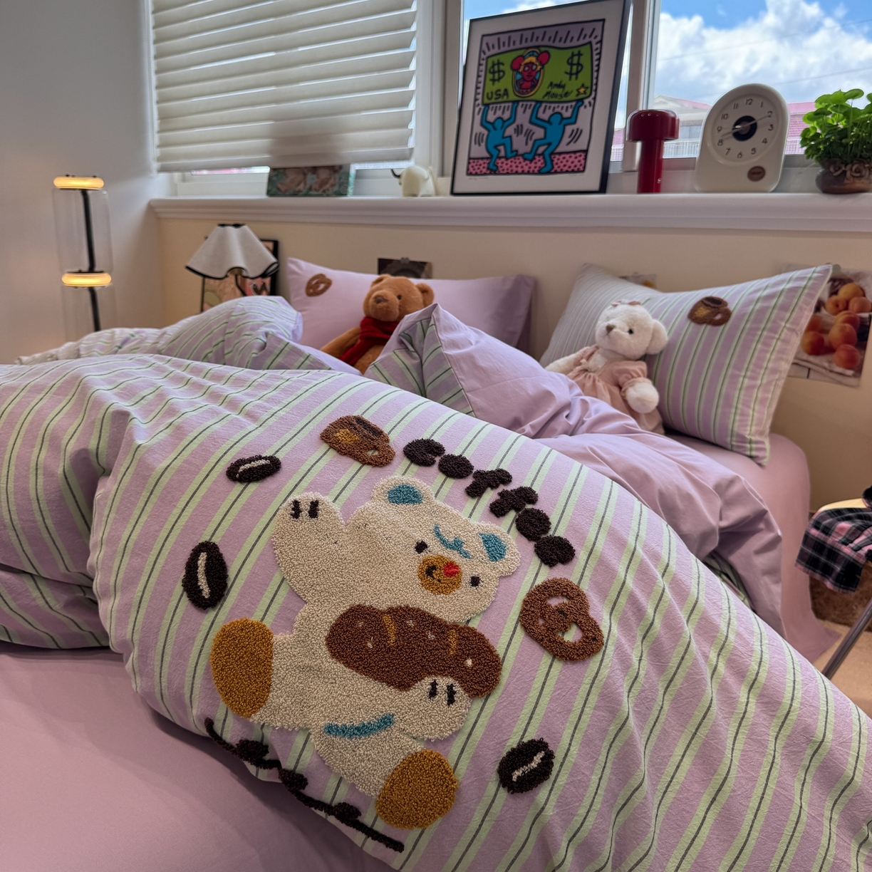 91家纺网 家纺一手货源 找家纺 珺柔家纺 2026新款水洗棉毛巾绣四件套 小熊下午茶