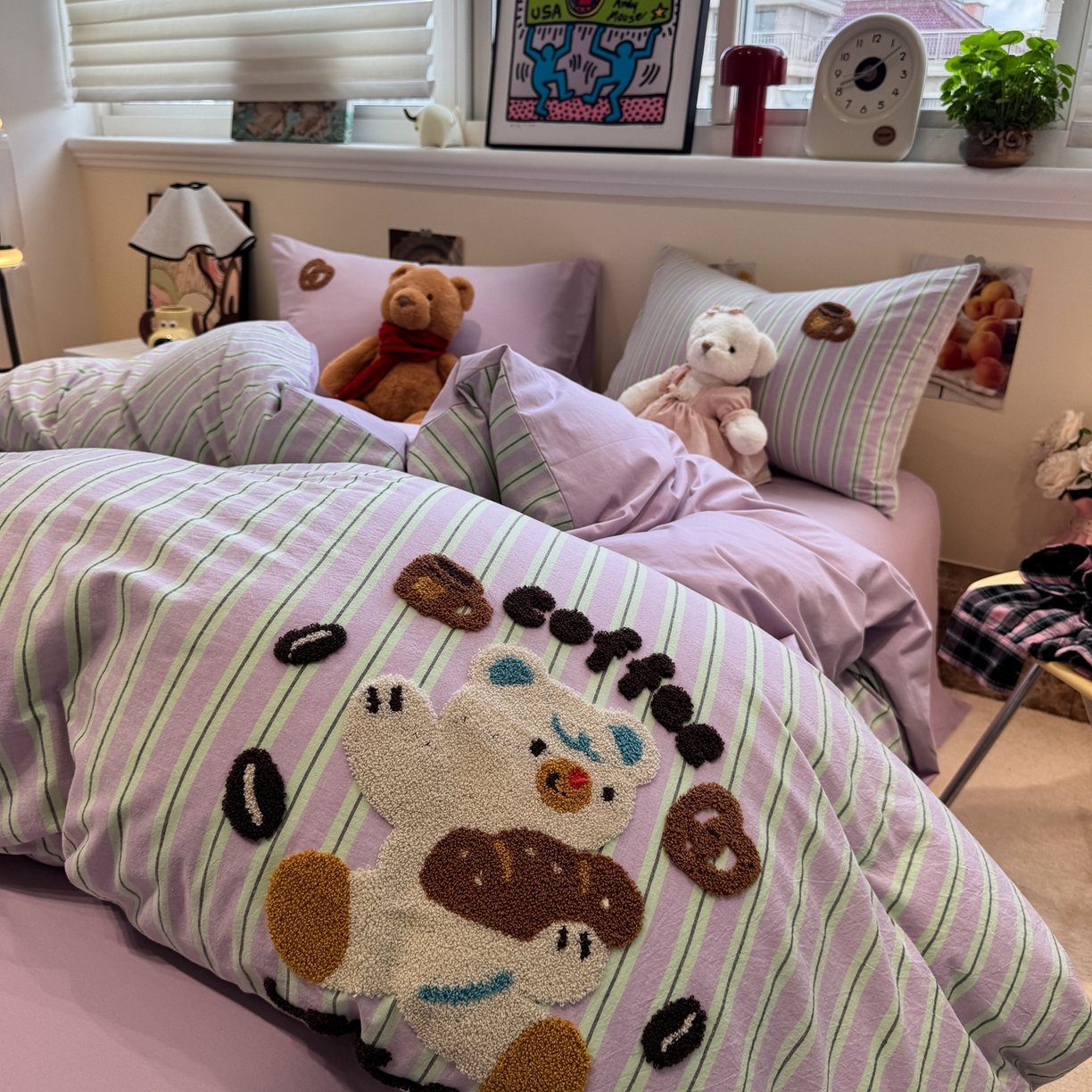 91家纺网 家纺一手货源 找家纺 珺柔家纺 2026新款水洗棉毛巾绣四件套 小熊下午茶