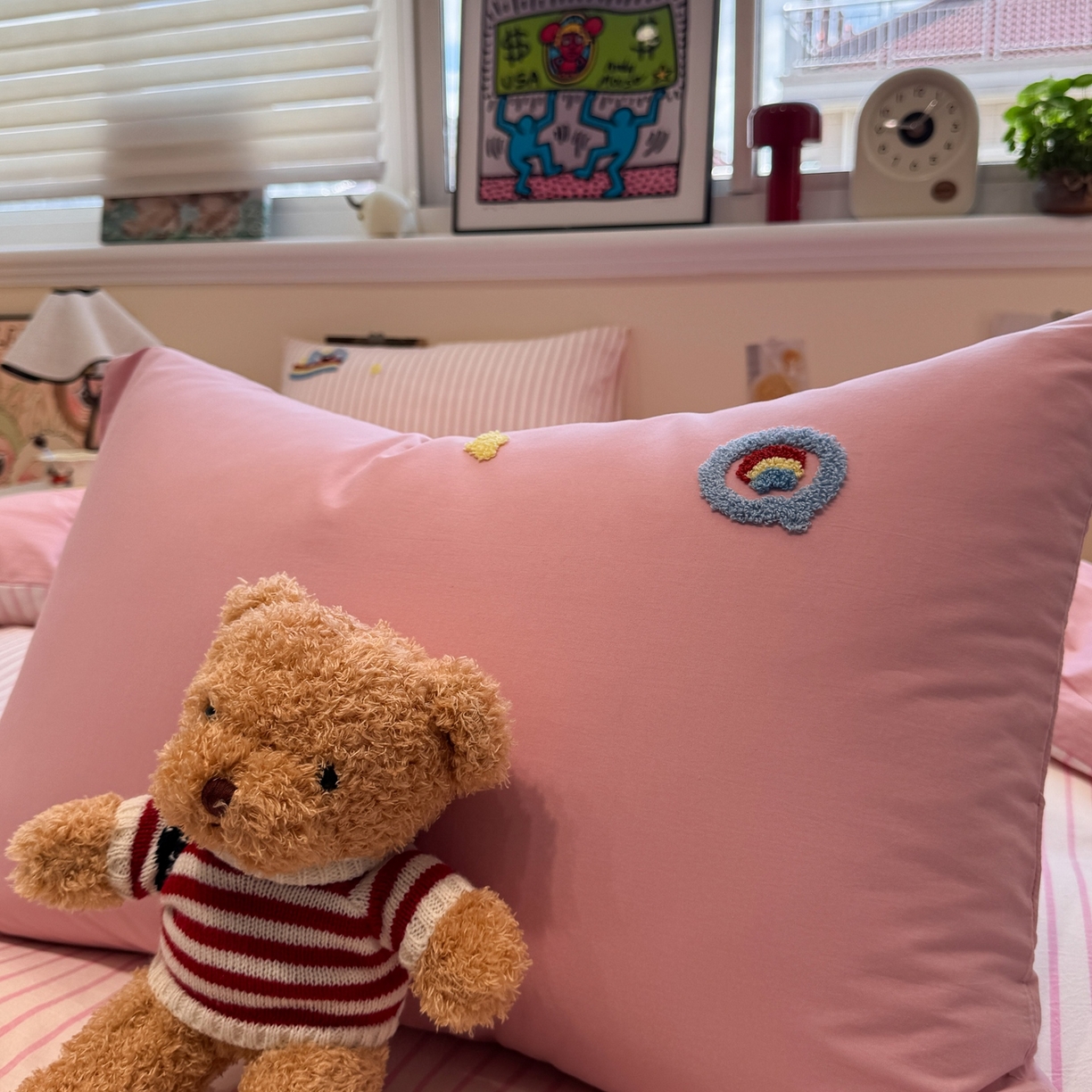 91家纺网 家纺一手货源 找家纺 珺柔家纺 2026新款水洗棉毛巾绣四件套 彩虹小猫