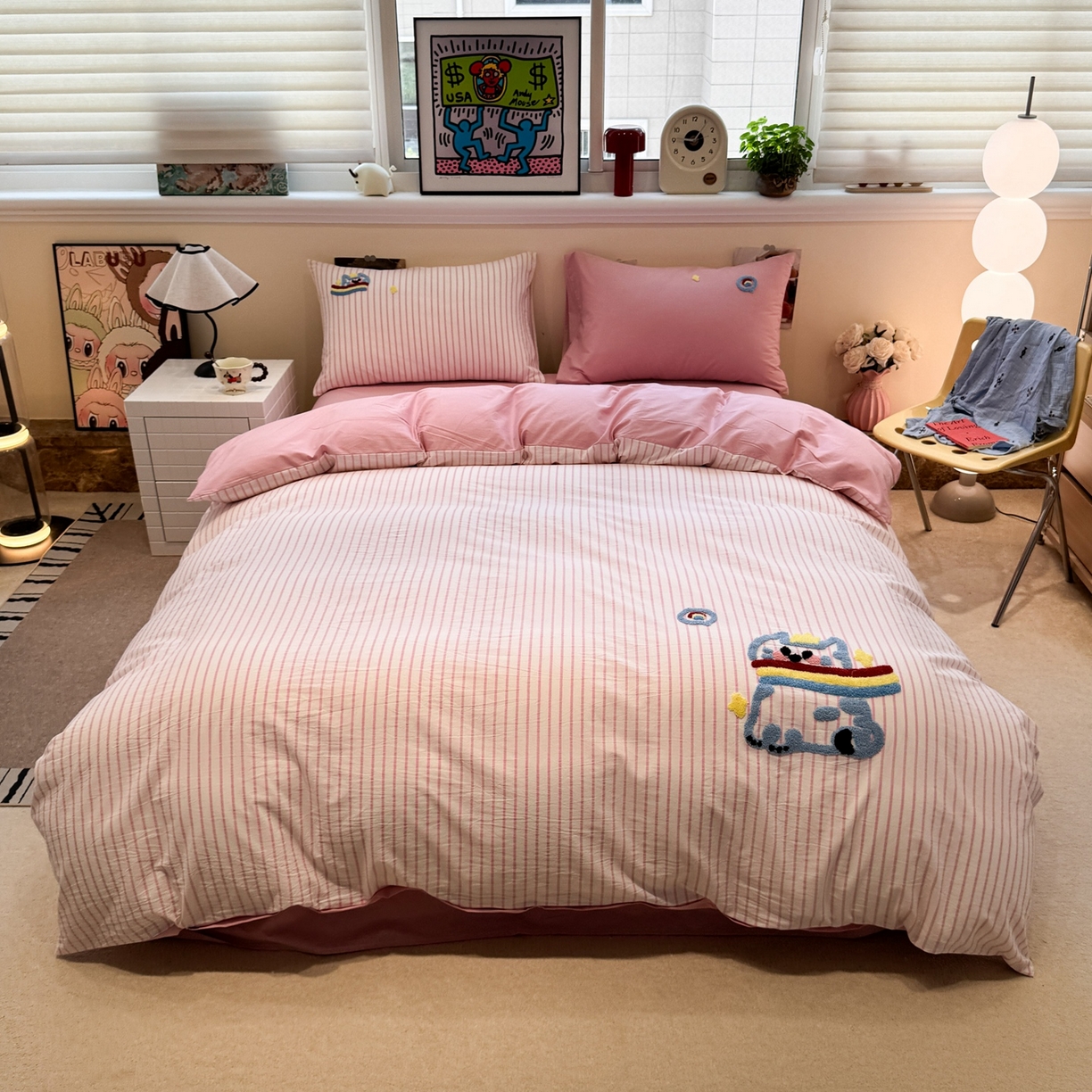 91家纺网 家纺一手货源 找家纺 珺柔家纺 2026新款水洗棉毛巾绣四件套 彩虹小猫