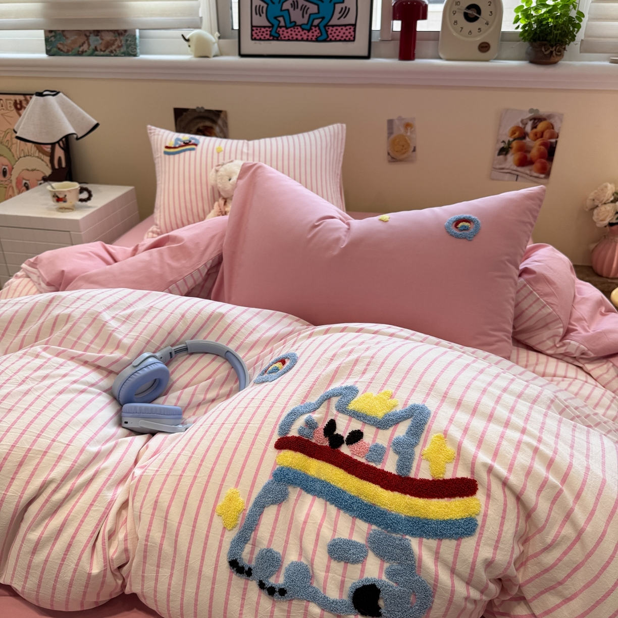 珺柔家纺 2026新款水洗棉毛巾绣四件套 彩虹小猫