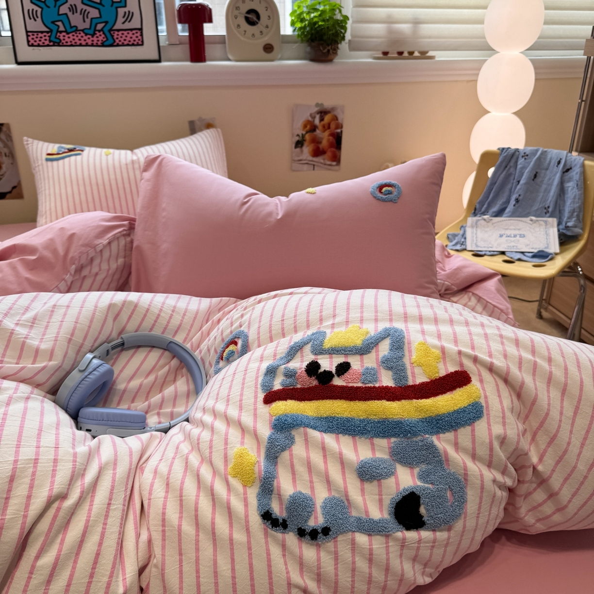 91家纺网 家纺一手货源 找家纺 珺柔家纺 2026新款水洗棉毛巾绣四件套 彩虹小猫