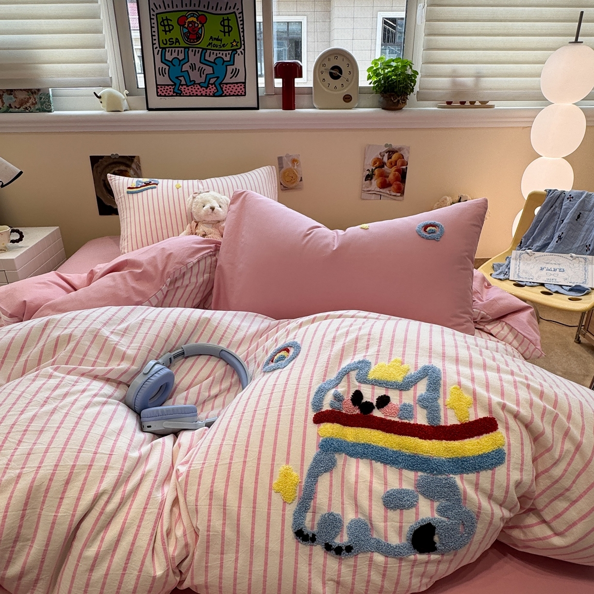 91家纺网 家纺一手货源 找家纺 珺柔家纺 2026新款水洗棉毛巾绣四件套 彩虹小猫