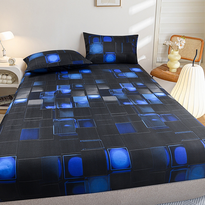 91家纺网 家纺一手货源 找家纺 柏钧家纺 2026新款85g芦荟棉外贸尺寸可定制单品床笠跨境直播床笠三件套 蓝色3D