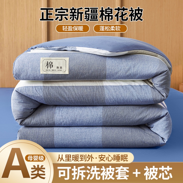 鑫佰利 2026新款A类水洗棉可拆洗新疆棉花被被子被芯 蓝灰大格