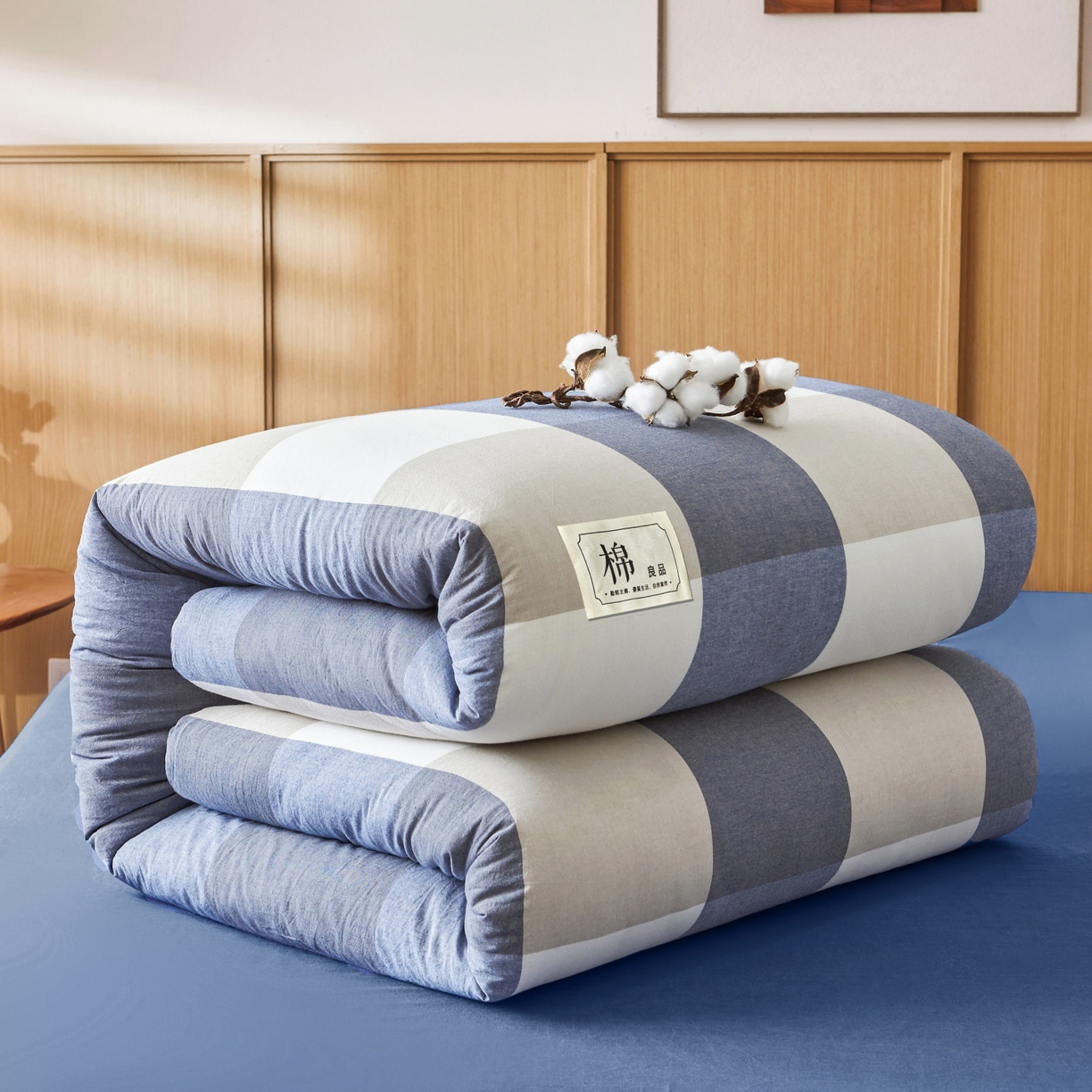 91家纺网 家纺一手货源 找家纺 鑫佰利 2026新款A类水洗棉可拆洗新疆棉花被被子被芯 蓝灰大格
