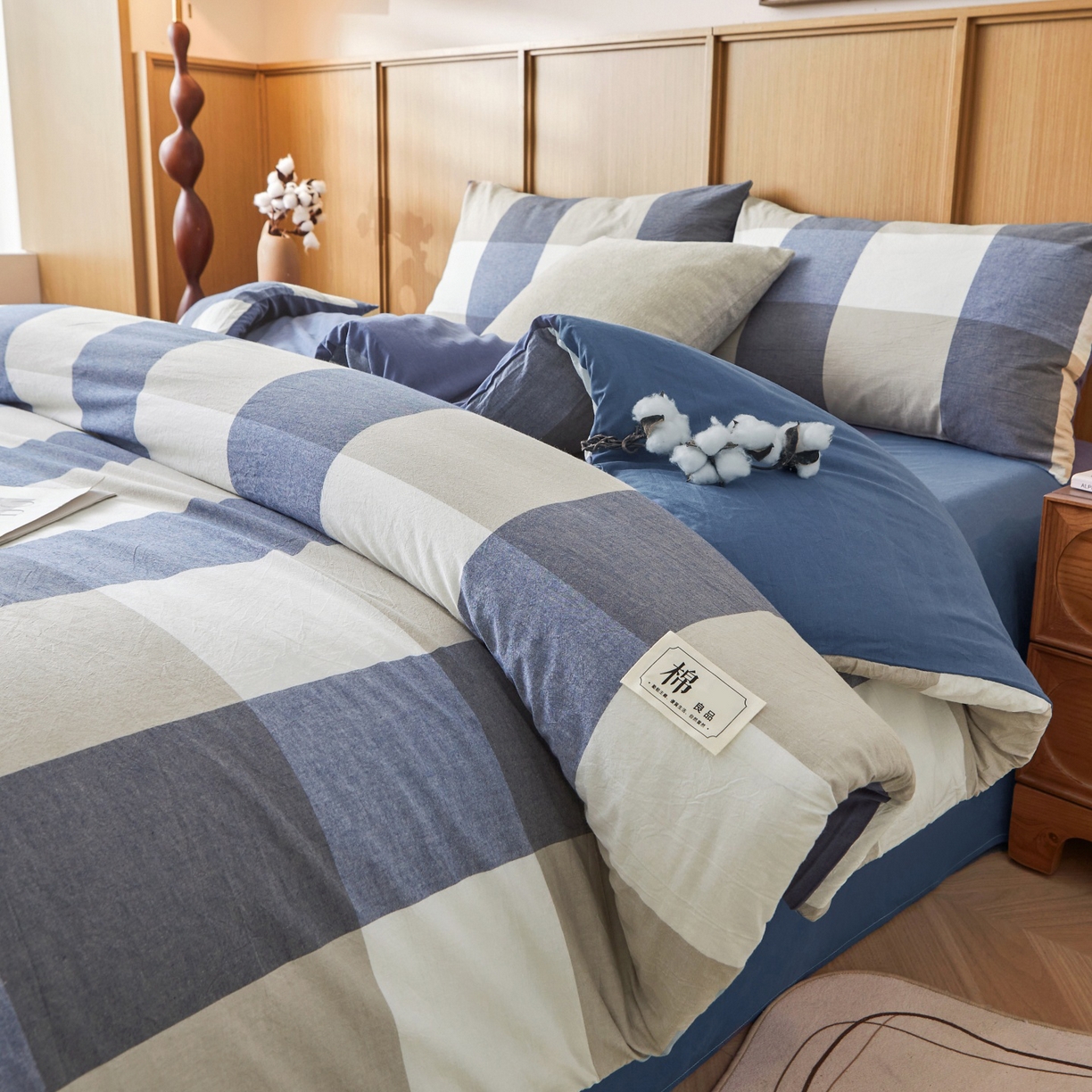 91家纺网 家纺一手货源 找家纺 鑫佰利 2026新款A类水洗棉可拆洗新疆棉花被被子被芯 蓝灰大格