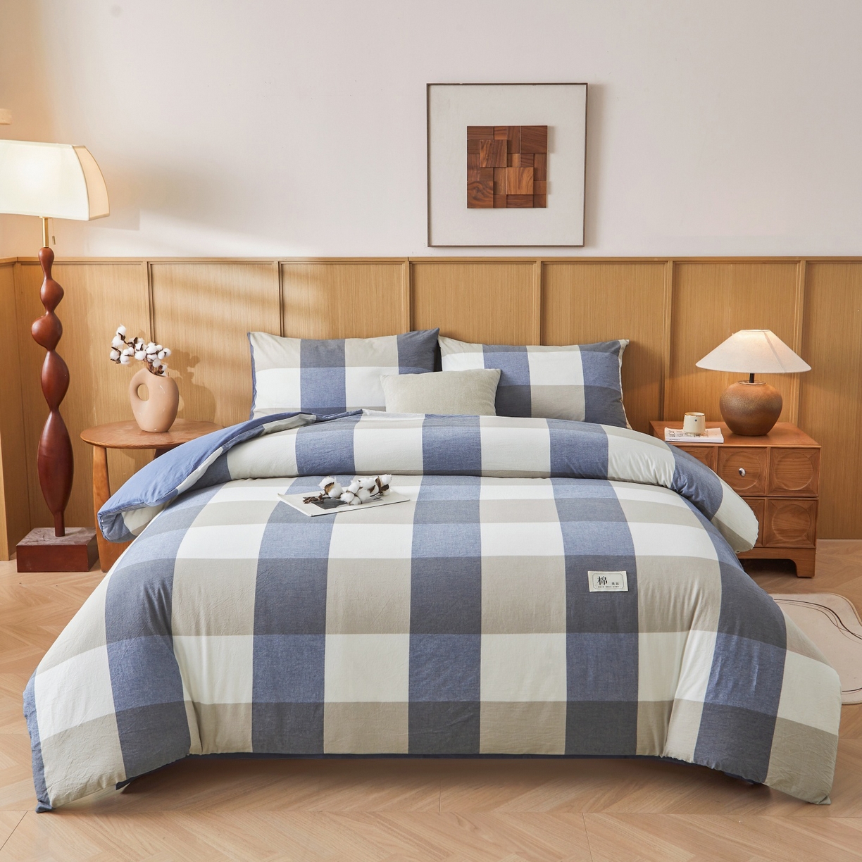 91家纺网 家纺一手货源 找家纺 鑫佰利 2026新款A类水洗棉可拆洗新疆棉花被被子被芯 蓝灰大格