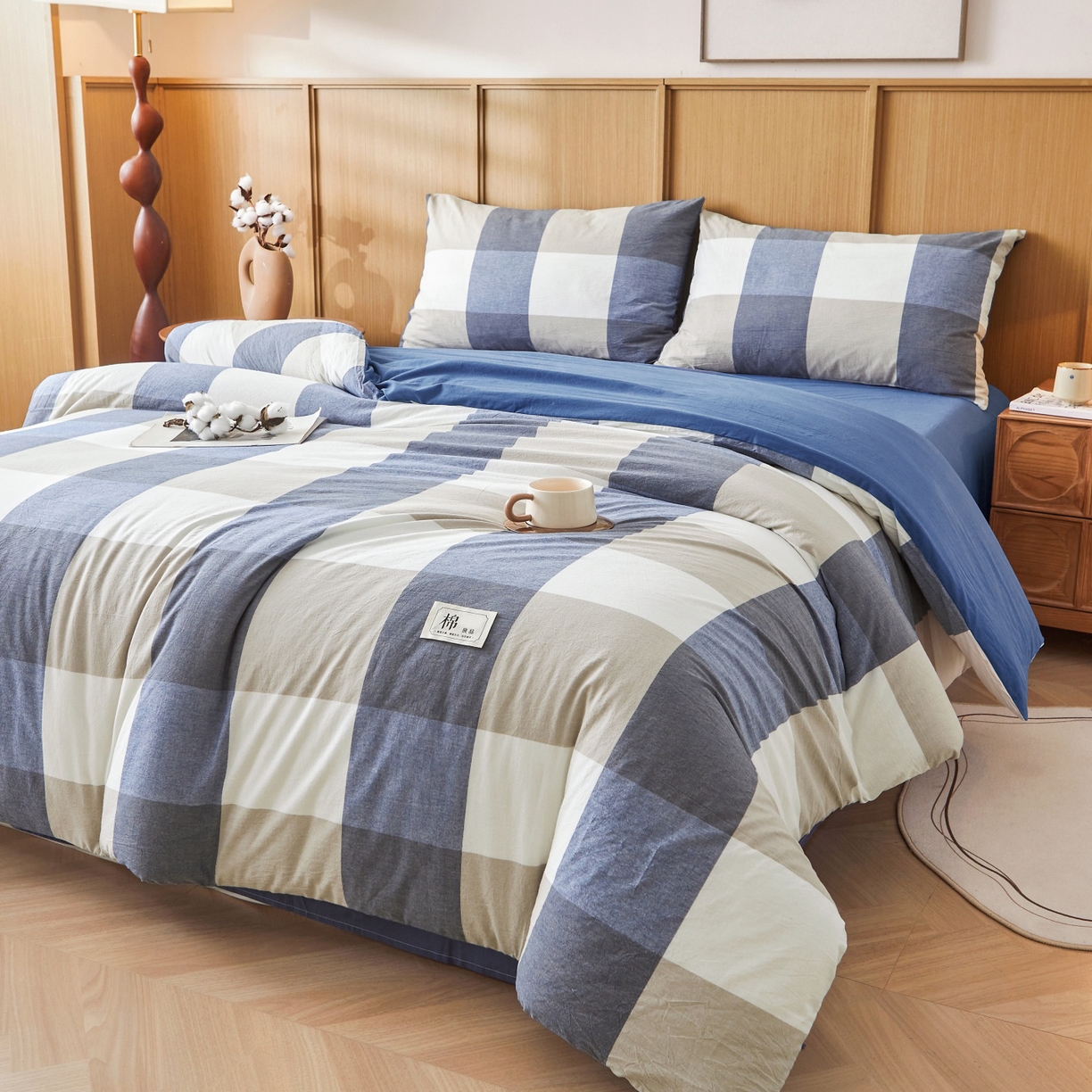 91家纺网 家纺一手货源 找家纺 鑫佰利 2026新款A类水洗棉可拆洗新疆棉花被被子被芯 蓝灰大格