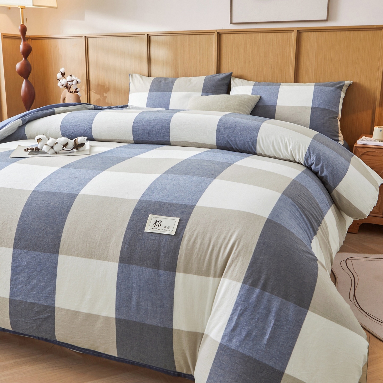 91家纺网 家纺一手货源 找家纺 鑫佰利 2026新款A类水洗棉可拆洗新疆棉花被被子被芯 蓝灰大格