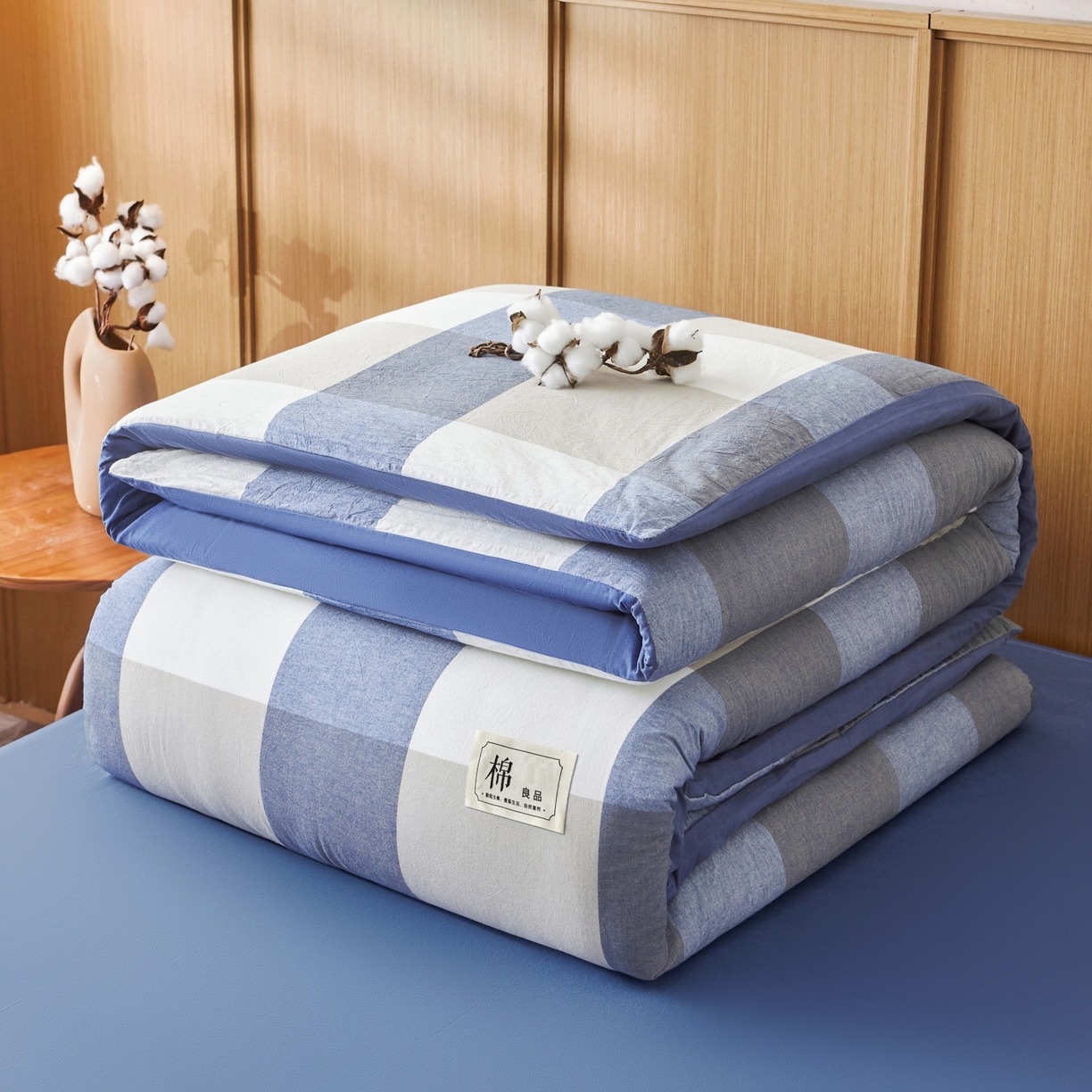 91家纺网 家纺一手货源 找家纺 鑫佰利 2026新款A类水洗棉可拆洗新疆棉花被被子被芯 蓝灰大格