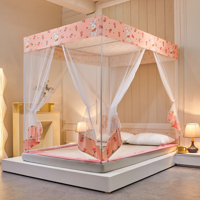 91家纺网 家纺一手货源 找家纺 千逸虹 2026新款卡通加密加大全底坐床遮光防摔回底蚊帐 粉玉兔-回底