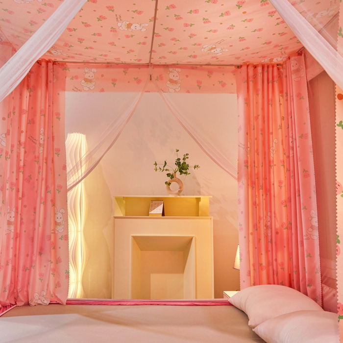 91家纺网 家纺一手货源 找家纺 千逸虹 2026新款卡通加密加大全底坐床遮光防摔回底蚊帐 粉玉兔-回底