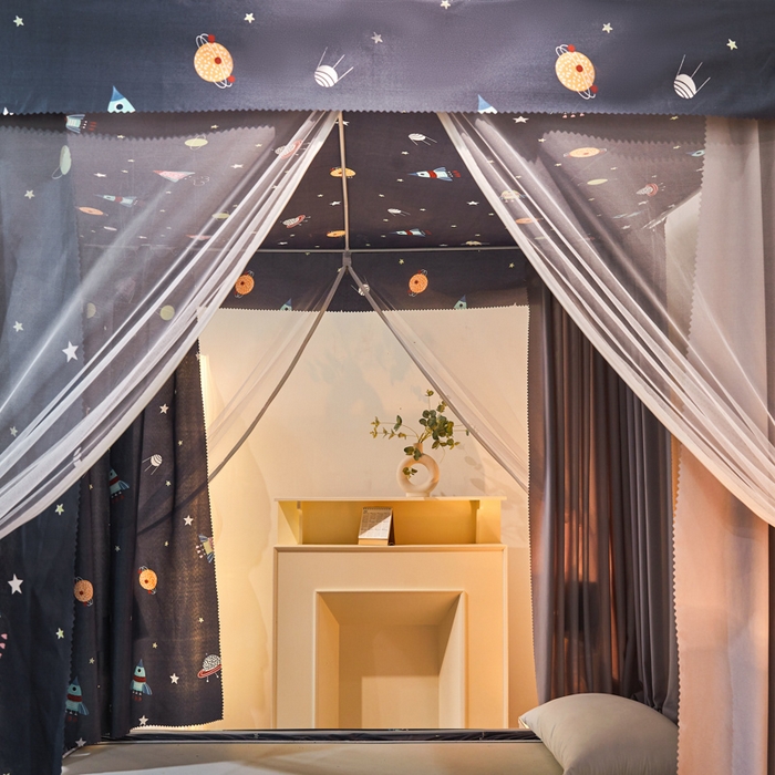 91家纺网 家纺一手货源 找家纺 千逸虹 2026新款卡通加密加大全底坐床遮光防摔回底蚊帐 太空-回底