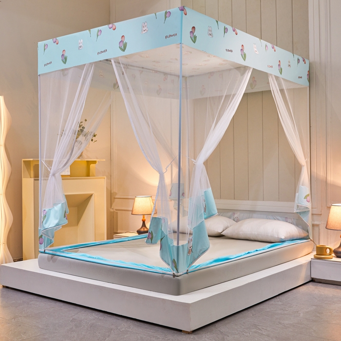 91家纺网 家纺一手货源 找家纺 千逸虹 2026新款卡通加密加大全底坐床遮光防摔回底蚊帐 郁金香蓝-回底