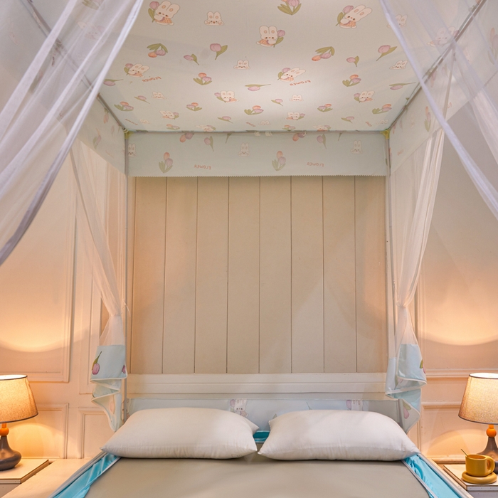 91家纺网 家纺一手货源 找家纺 千逸虹 2026新款卡通加密加大全底坐床遮光防摔回底蚊帐 郁金香蓝-回底